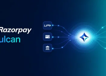 Razorpay Vulcan logo on gradient background representing India’s first AI payments foundation model.